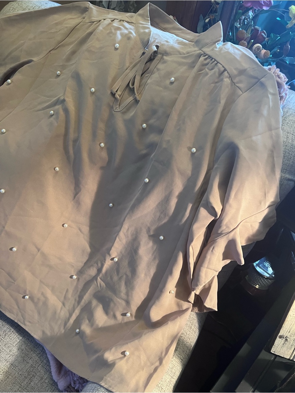 SHEIN Tan Pearl-Embellished Blouse